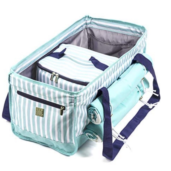 Handbags - Striped Mint Travel Tote Bag with Navy Accents